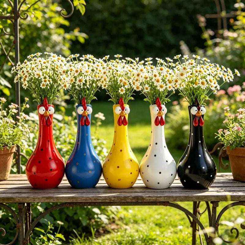 Long Neck Rooster Vase – Hand-Painted Cartoon Chicken Sculpture with Polka Dots - Kivora