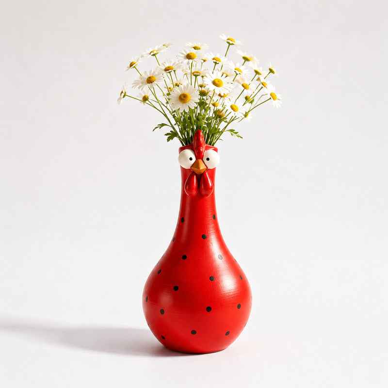 Long Neck Rooster Vase – Hand-Painted Cartoon Chicken Sculpture with Polka Dots - Kivora
