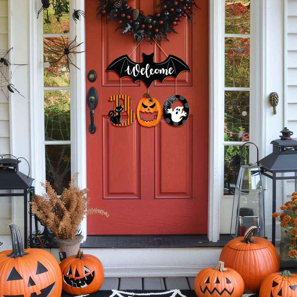 Wooden Halloween BOO Door Sign Decoration Ghost Bat Welcome Wooden Ghost Door Plaque - Kivora