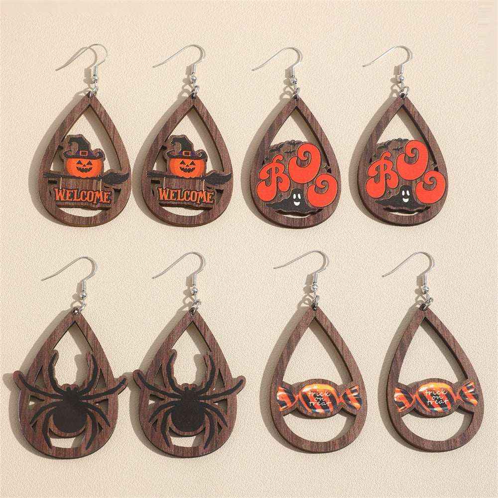 Cute Halloween Drop Earrings – Pumpkin, Ghost, Bat & Kitten Wooden Charms - Kivora