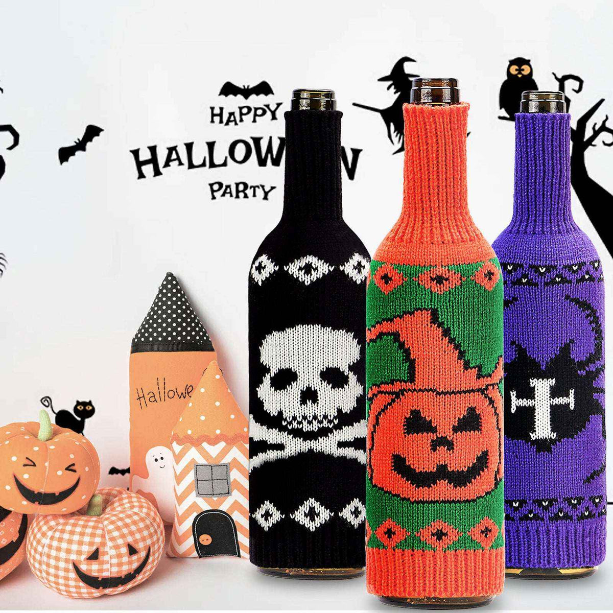 Halloween Wine Bottle Cover - Knitted Pumpkin & Skull | Kivora