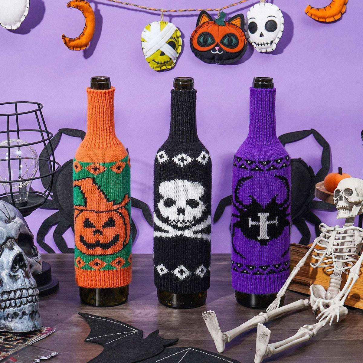 Halloween Wine Bottle Cover - Knitted Pumpkin & Skull | Kivora
