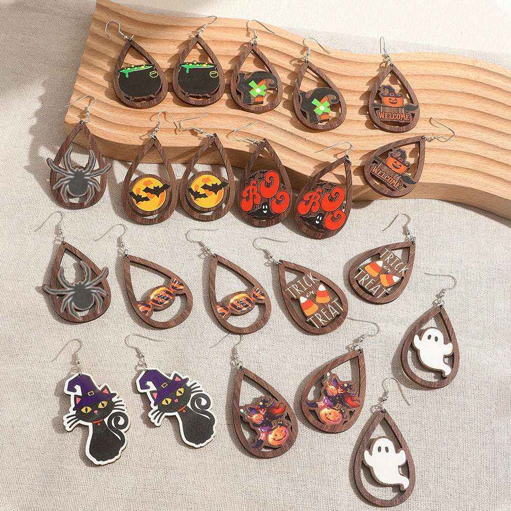 Cute Halloween Drop Earrings – Pumpkin, Ghost, Bat & Kitten Wooden Charms - Kivora