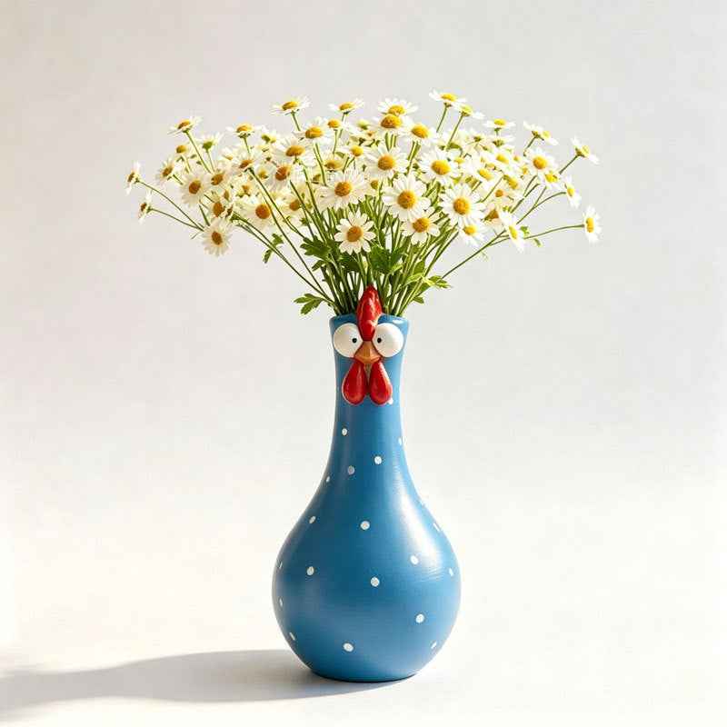 Long Neck Rooster Vase – Hand-Painted Cartoon Chicken Sculpture with Polka Dots - Kivora