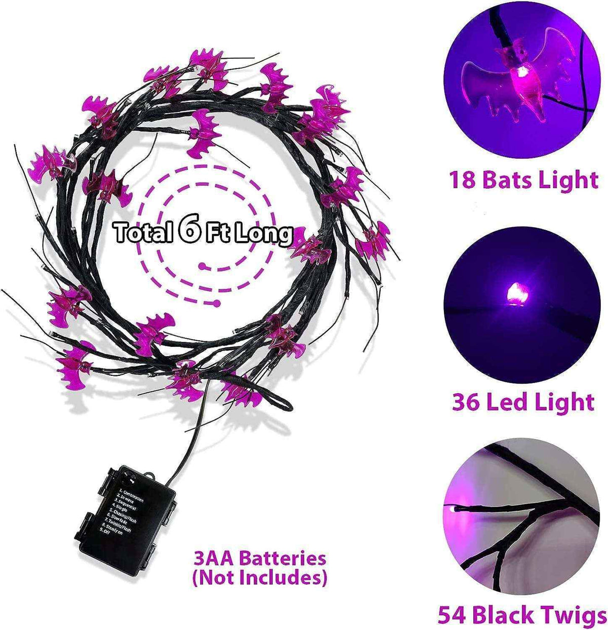 Halloween LED Rattan Spider & Bat Tree Branch String Lights – Outdoor Waterproof Décor - Kivora