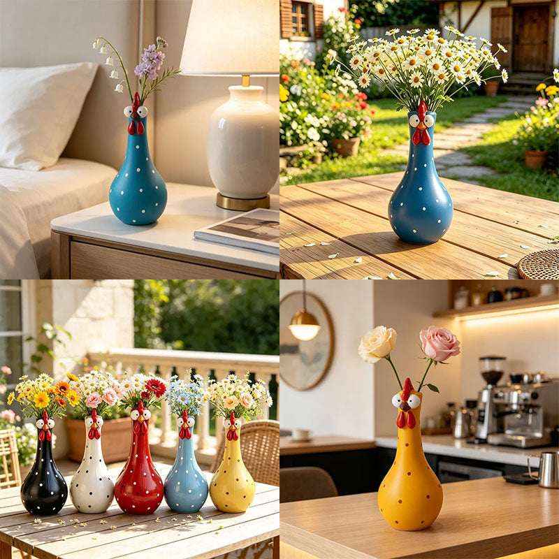 Long Neck Rooster Vase – Hand-Painted Cartoon Chicken Sculpture with Polka Dots - Kivora
