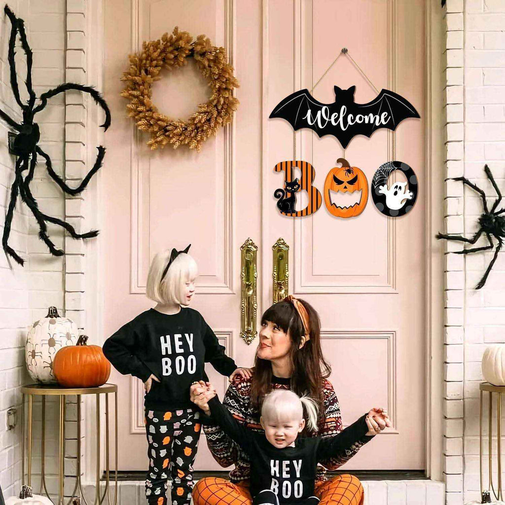 Wooden Halloween BOO Door Sign Decoration Ghost Bat Welcome Wooden Ghost Door Plaque - Kivora