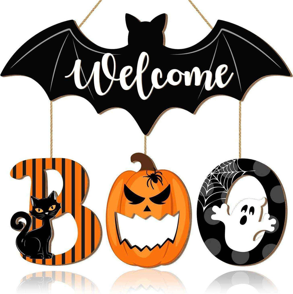 Wooden Halloween BOO Door Sign Decoration Ghost Bat Welcome Wooden Ghost Door Plaque - Kivora