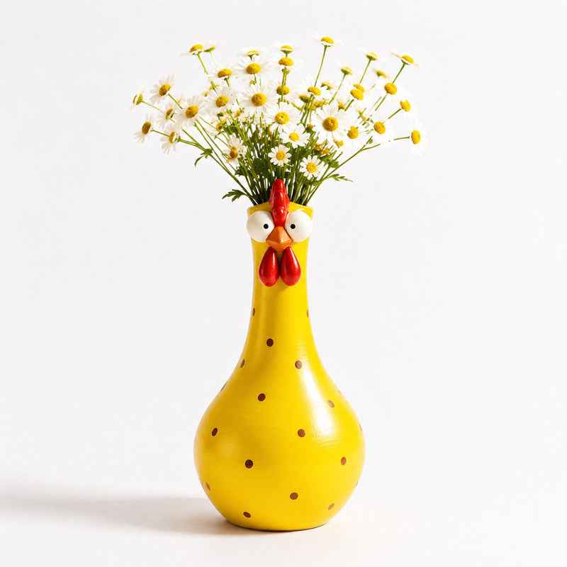 Long Neck Rooster Vase – Hand-Painted Cartoon Chicken Sculpture with Polka Dots - Kivora