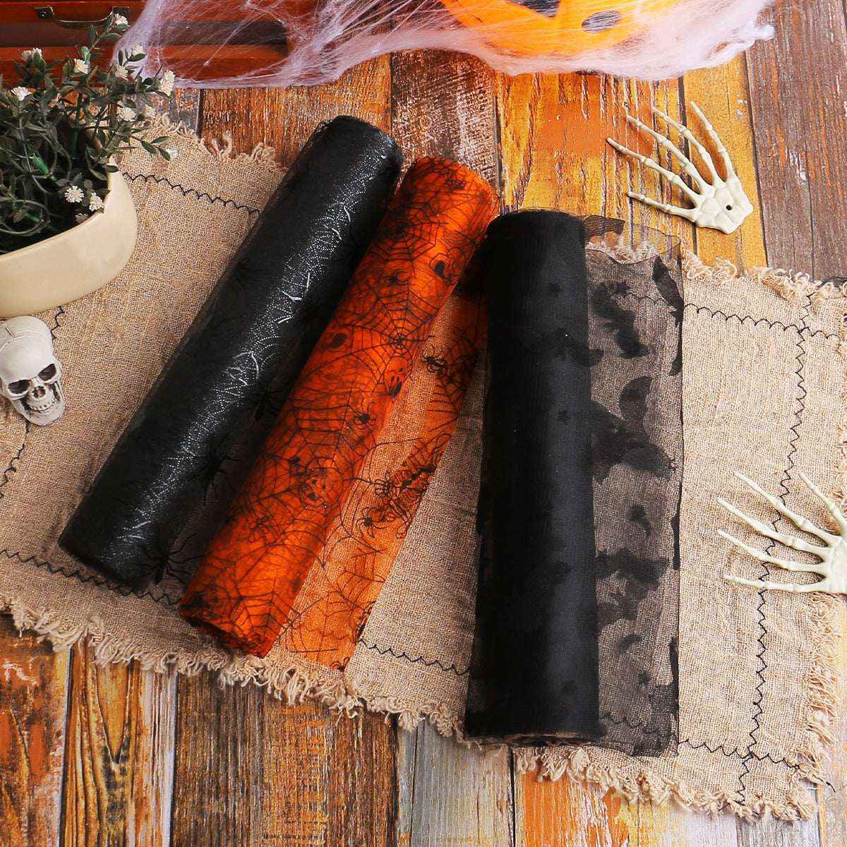 Halloween Bat Spider Web Yarn Roll Meal Mat Ghost Festival Party Table Decoration Mesh Tablecloth Table Banner - Kivora