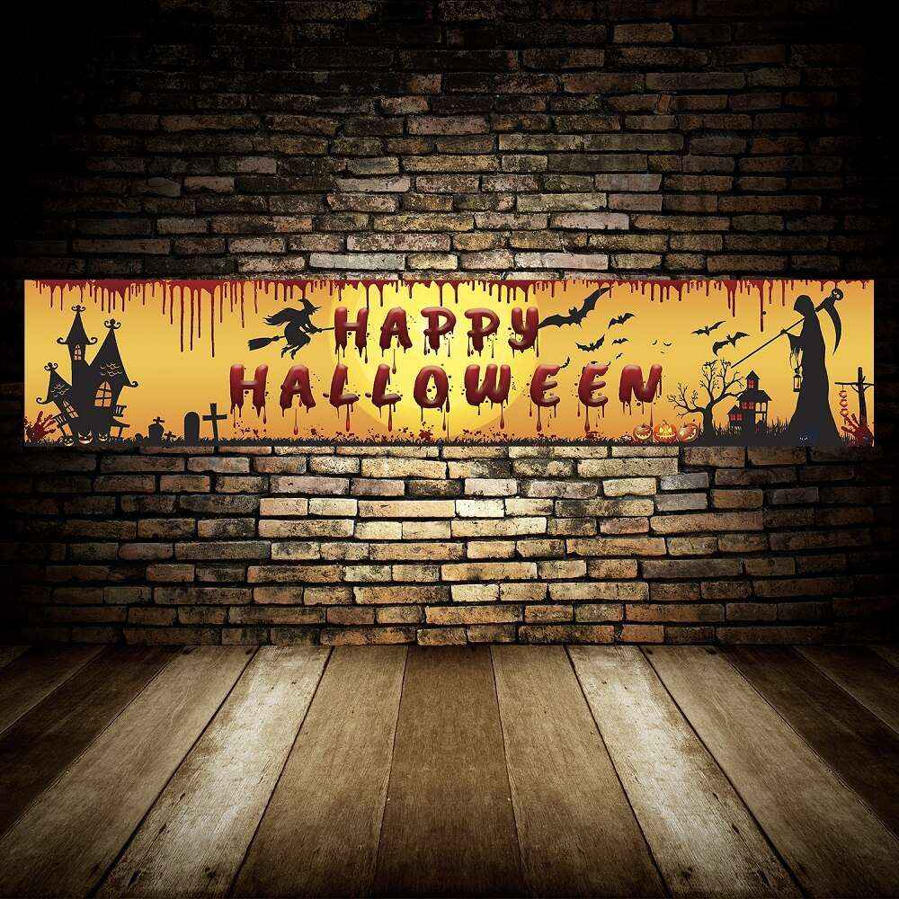250x48cm Latest Happy Halloween Bloody Bat Pumpkin Ghost Print Party Backdrop Hanging Banner Halloween Decor - Kivora