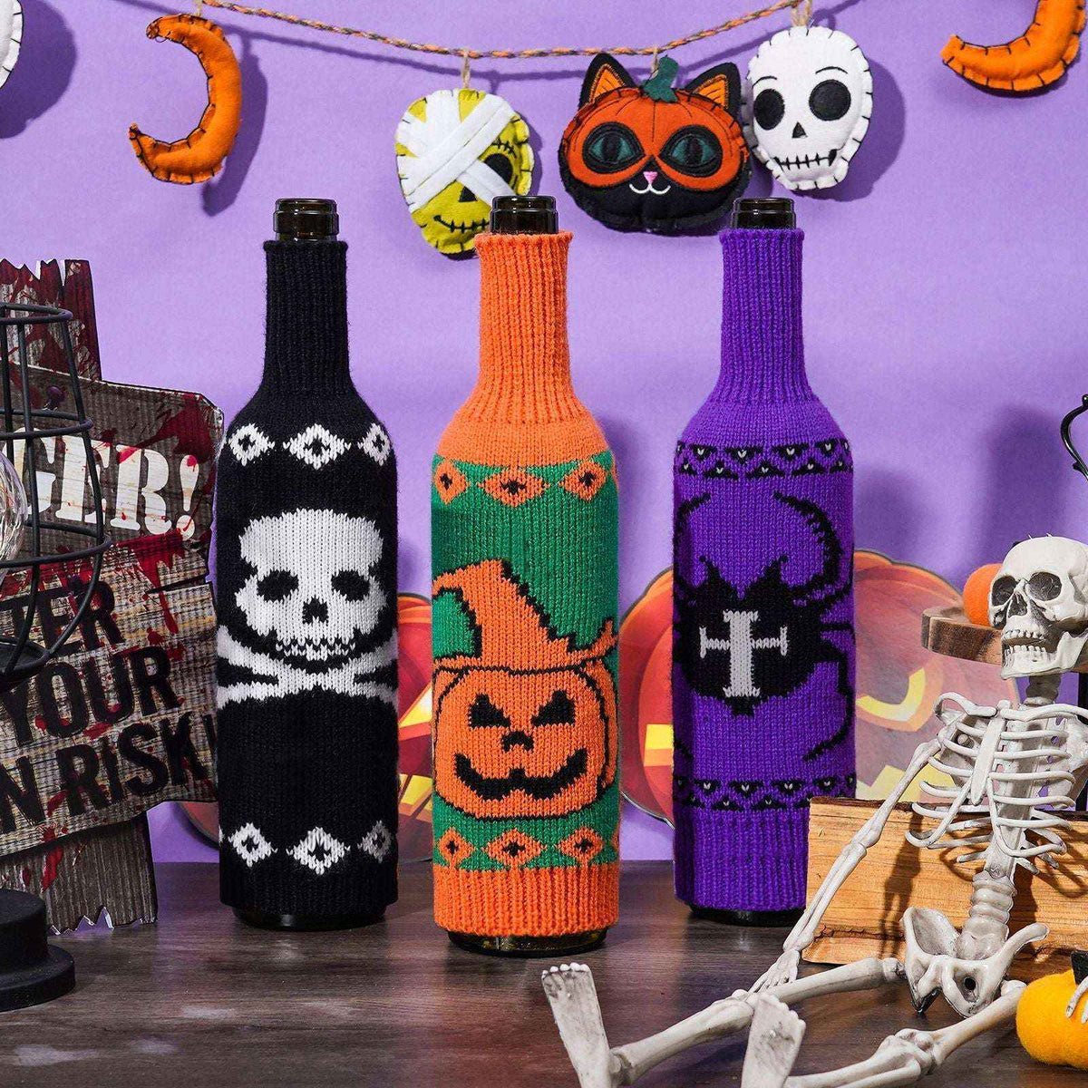 Halloween Wine Bottle Cover - Knitted Pumpkin & Skull | Kivora