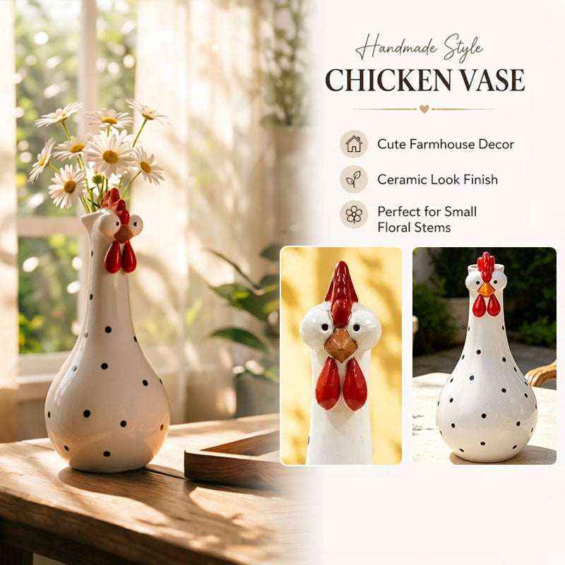 Long Neck Rooster Vase – Hand-Painted Cartoon Chicken Sculpture with Polka Dots - Kivora