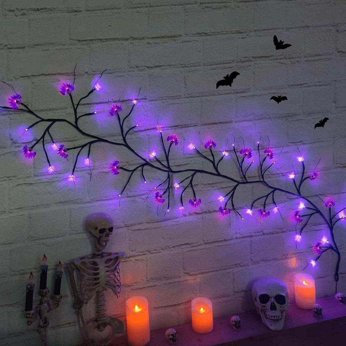 Halloween LED Rattan Spider & Bat Tree Branch String Lights – Outdoor Waterproof Décor - Kivora
