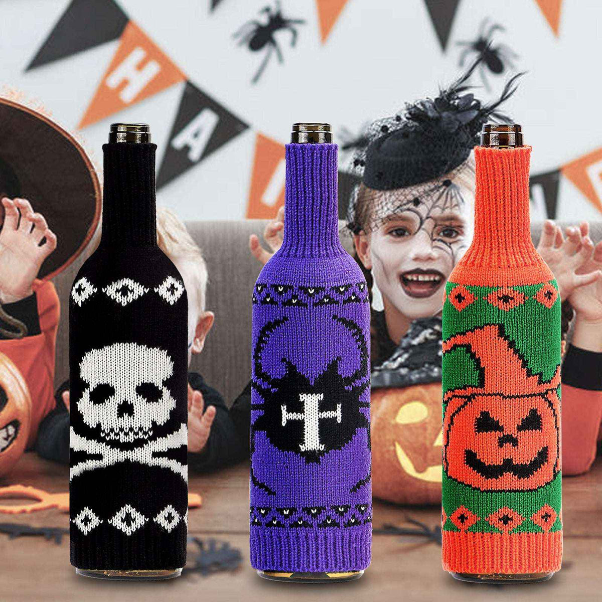 Halloween Wine Bottle Cover - Knitted Pumpkin & Skull | Kivora