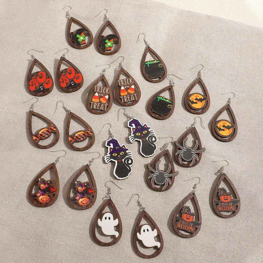 Cute Halloween Drop Earrings – Pumpkin, Ghost, Bat & Kitten Wooden Charms - Kivora