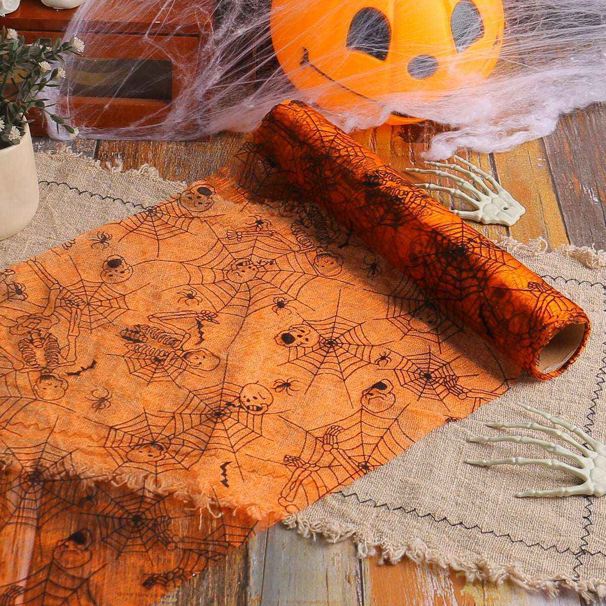 Halloween Bat Spider Web Yarn Roll Meal Mat Ghost Festival Party Table Decoration Mesh Tablecloth Table Banner - Kivora