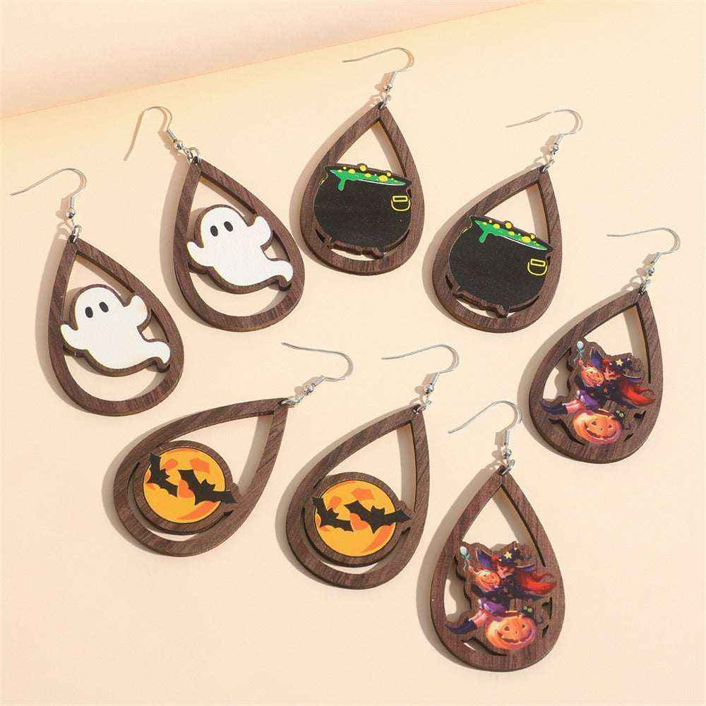 Cute Halloween Drop Earrings – Pumpkin, Ghost, Bat & Kitten Wooden Charms - Kivora