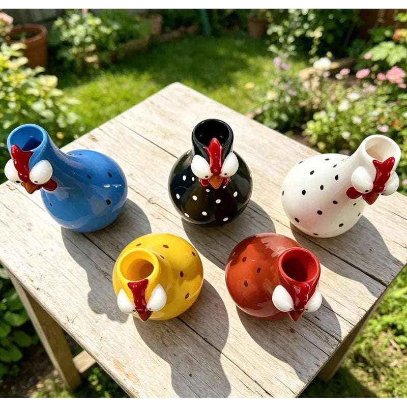 Long Neck Rooster Vase – Hand-Painted Cartoon Chicken Sculpture with Polka Dots - Kivora
