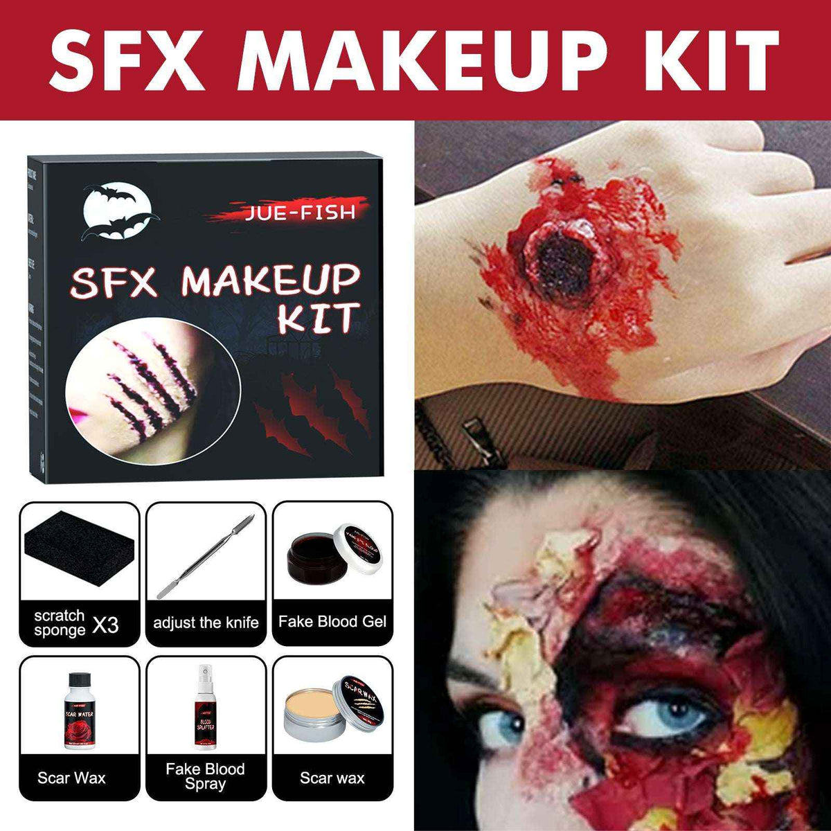 Halloween SFX Makeup Kit – Fake Wound, Scar Wax & Fake Blood Special Effects Set - Kivora