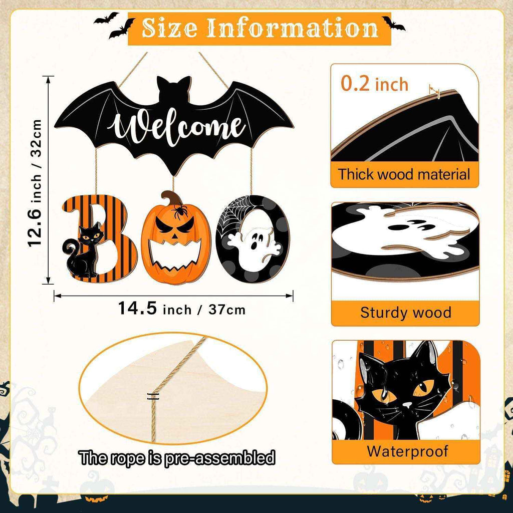 Wooden Halloween BOO Door Sign Decoration Ghost Bat Welcome Wooden Ghost Door Plaque - Kivora