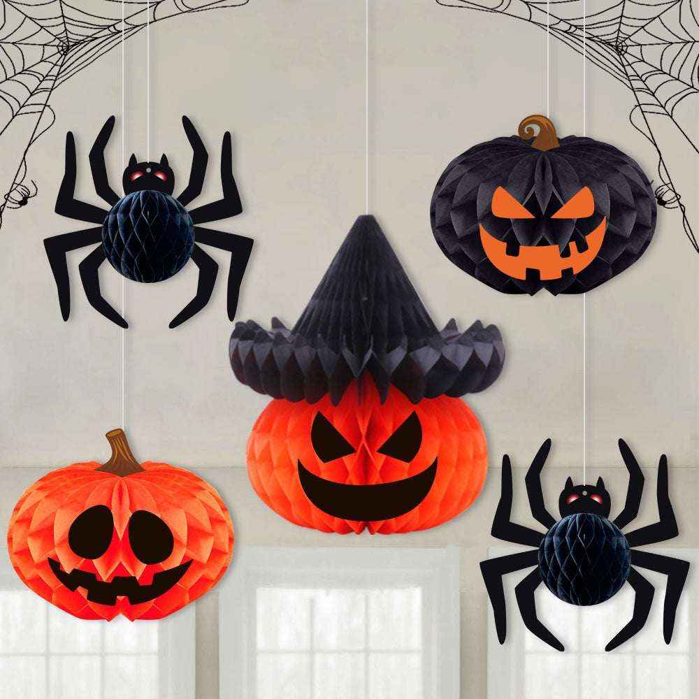 Halloween Honeycomb Ball Hanging Ornaments – 3D Pumpkin & Spider Party Décor - Kivora