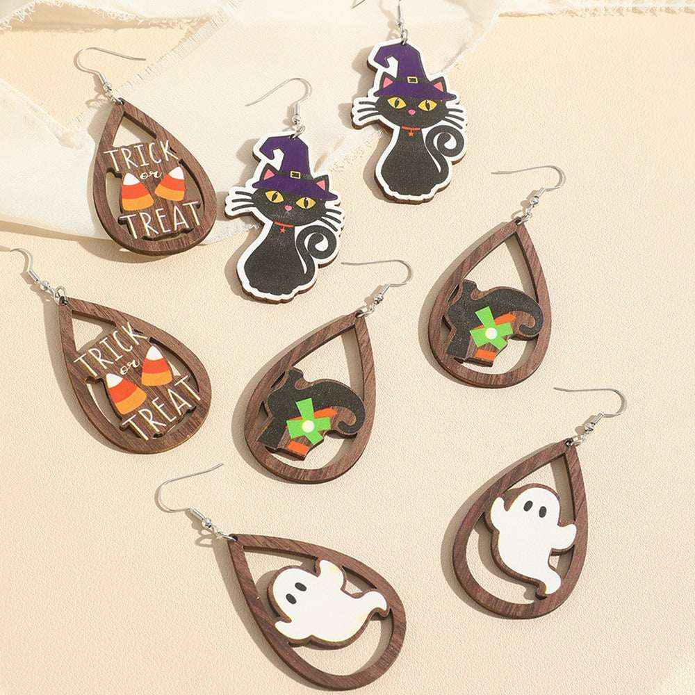 Cute Halloween Drop Earrings – Pumpkin, Ghost, Bat & Kitten Wooden Charms - Kivora