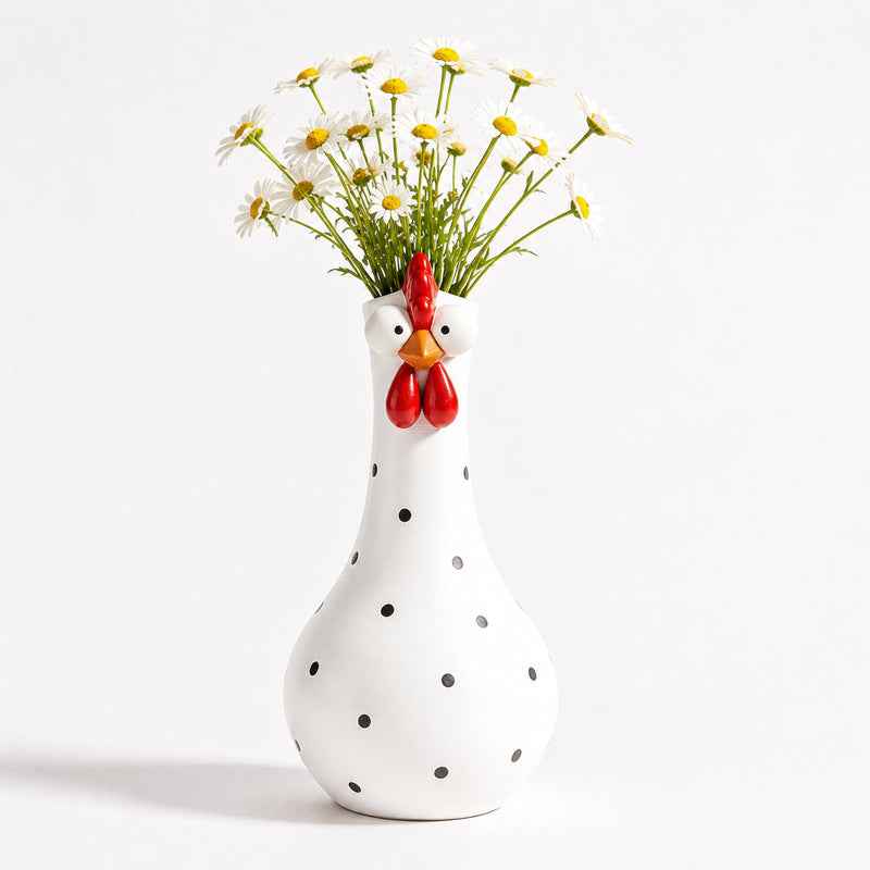 Long Neck Rooster Vase – Hand-Painted Cartoon Chicken Sculpture with Polka Dots - Kivora