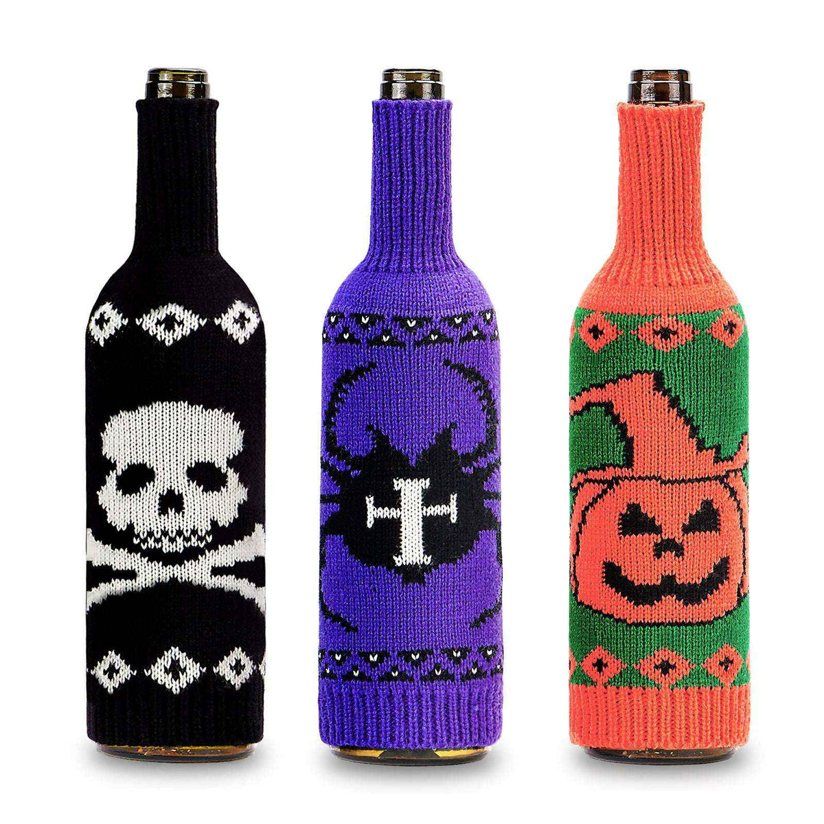 Halloween Wine Bottle Cover - Knitted Pumpkin & Skull | Kivora