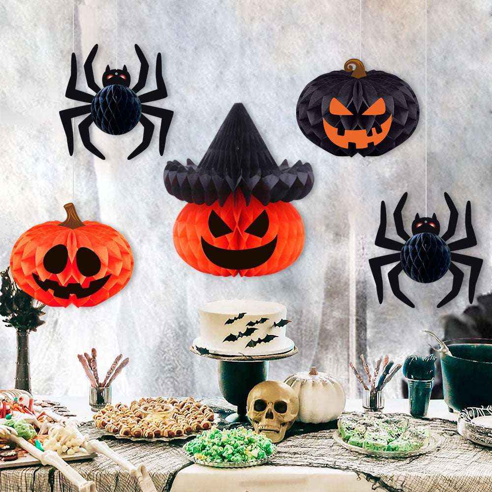 Halloween Honeycomb Ball Hanging Ornaments – 3D Pumpkin & Spider Party Décor - Kivora