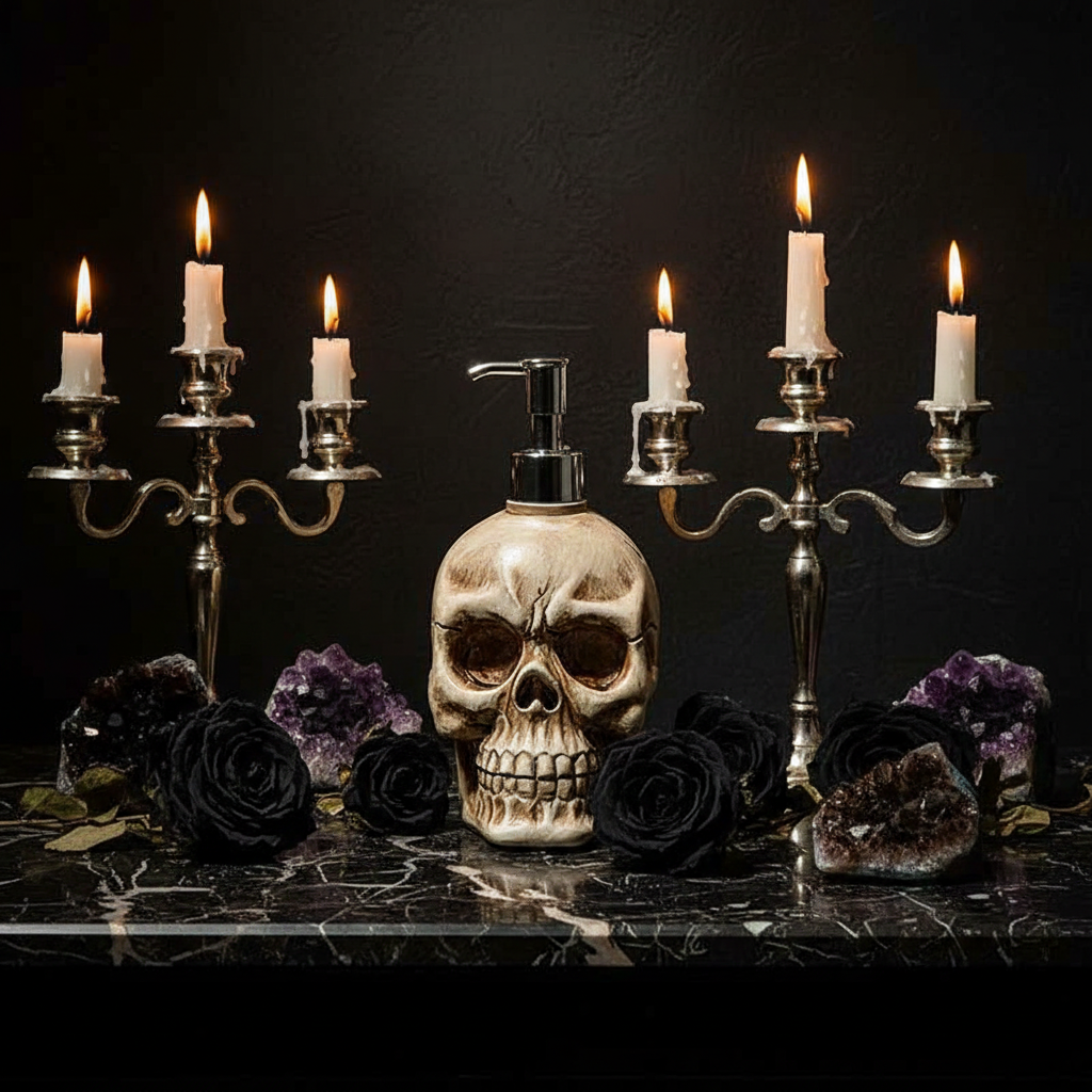 Gothic Skull Soap Dispenser Dark Flat Lay